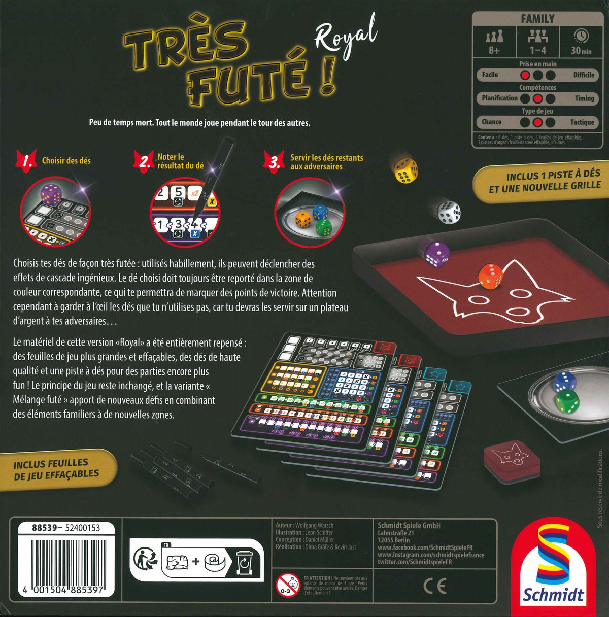 Dos de la boîte de Très Futé ! Royal en français : tour de jeu en trois étapes, contenu, 8 ans et plus, 1 à 4 joueurs