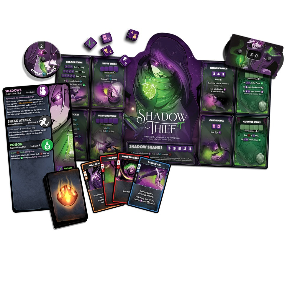 Verso de la boîte Dice Throne – Hero Pack Shadow Thief | Jeu de dés stratégique Season 1 - règles et caractéristiques du jeu