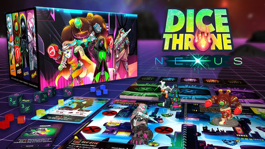 Boîte de Dice Throne Nexus et partie en cours avec les figurines des héros