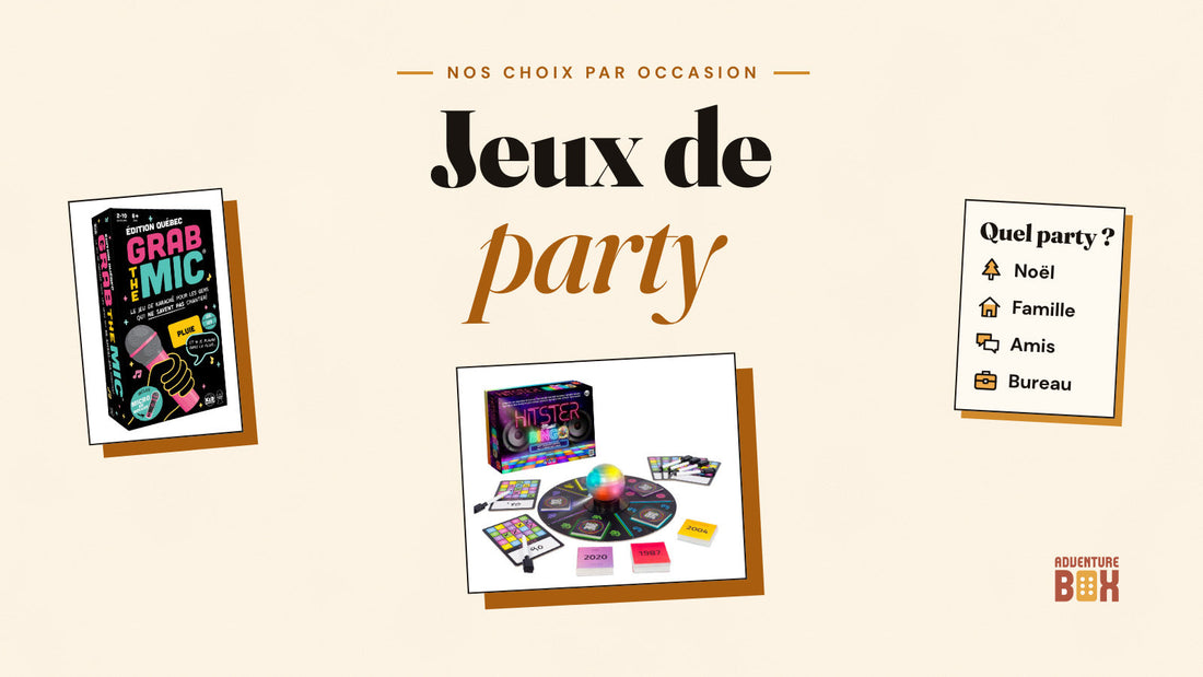 Boîtes de Hitster Bingo et de Grab the Mic Édition Québec sur fond crème, avec le titre « Jeux de party ».