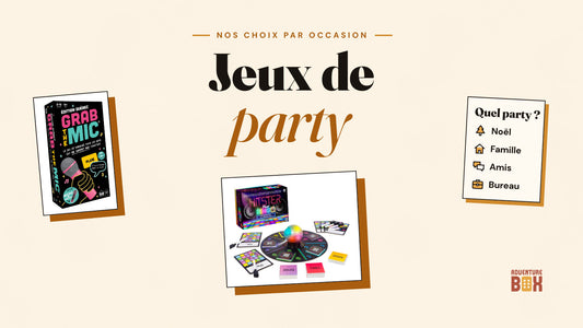 Boîtes de Hitster Bingo et de Grab the Mic Édition Québec sur fond crème, avec le titre « Jeux de party ».