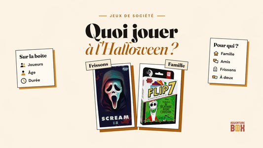 Boîtes de Scream Le jeu, version française (frissons), et de Flip 7 : The Nightmare Before Christmas (famille), sous le titre « Quoi jouer à l'Halloween ? ».