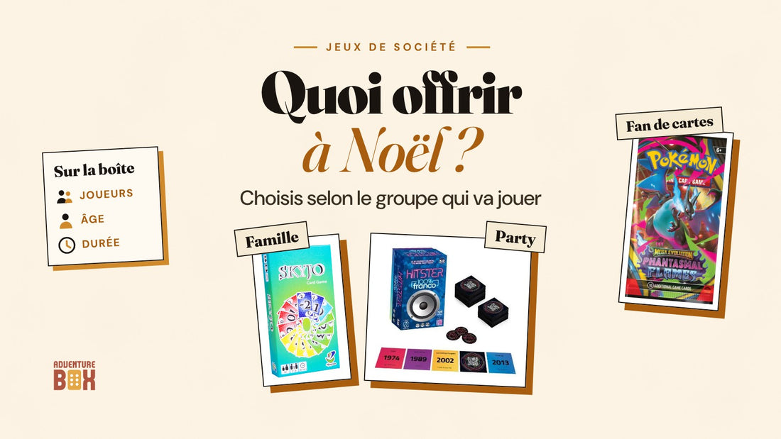 Boîtes de Skyjo (famille) et de Hitster 100 % Franco (party), et un booster Pokémon (fan de cartes), sous le titre « Quoi offrir à Noël ? ».