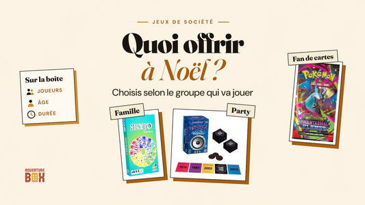 Boîtes de Skyjo (famille) et de Hitster 100 % Franco (party), et un booster Pokémon (fan de cartes), sous le titre « Quoi offrir à Noël ? ».
