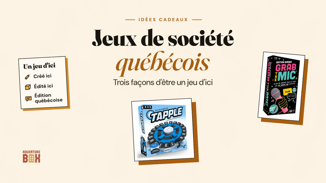 Boîtes de Tapple Édition Québécoise et de Grab the Mic Édition Québec, avec le titre « Jeux de société québécois ».
