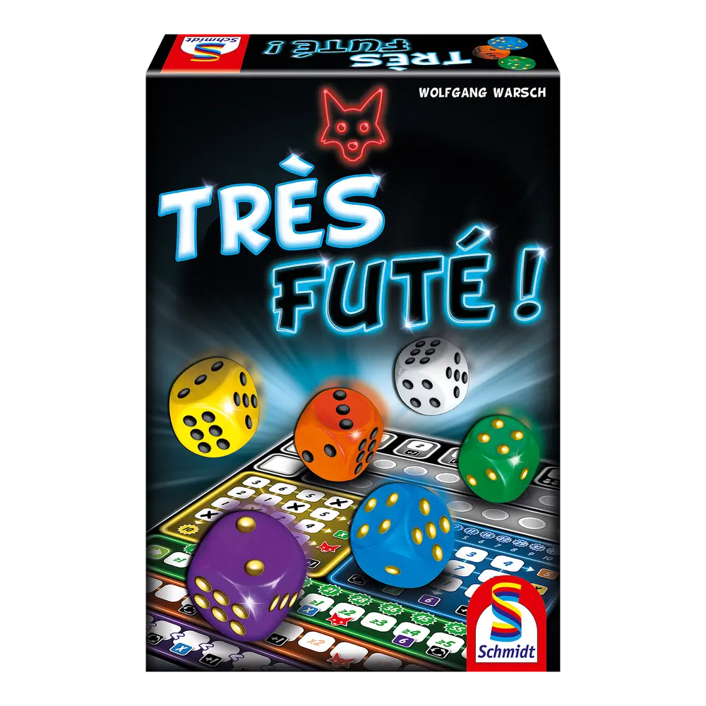 Boîte du jeu de dés Très Futé ! de Wolfgang Warsch chez Schmidt, édition française, vue de face sur fond blanc
