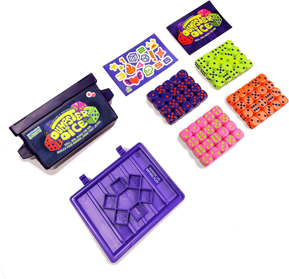Contenu de Dumpster Dice : 80 dés en 4 couleurs, la benne, son couvercle-plateau et les autocollants
