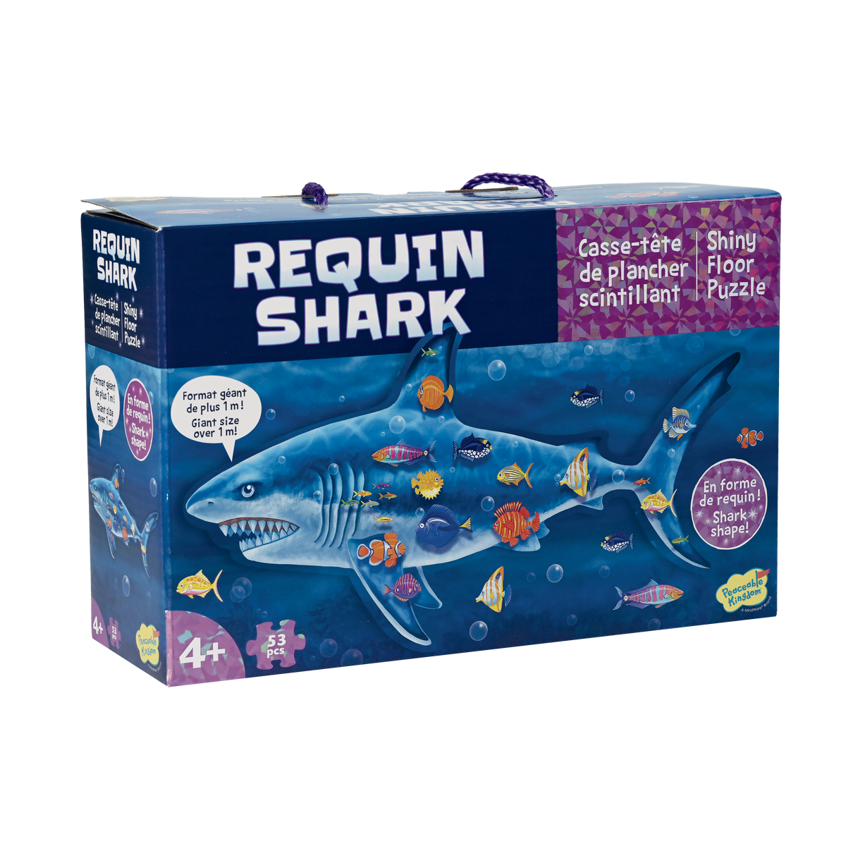 Boîte bilingue du casse-tête de plancher scintillant Requin de Peaceable Kingdom, 53 pièces, 4 ans et plus