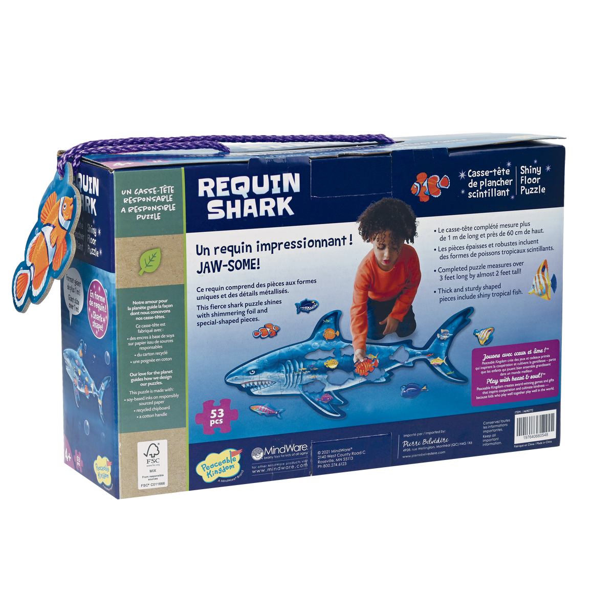 Dos de la boîte Requin / Shark, textes en français et en anglais, enfant qui assemble le casse-tête de 53 pièces