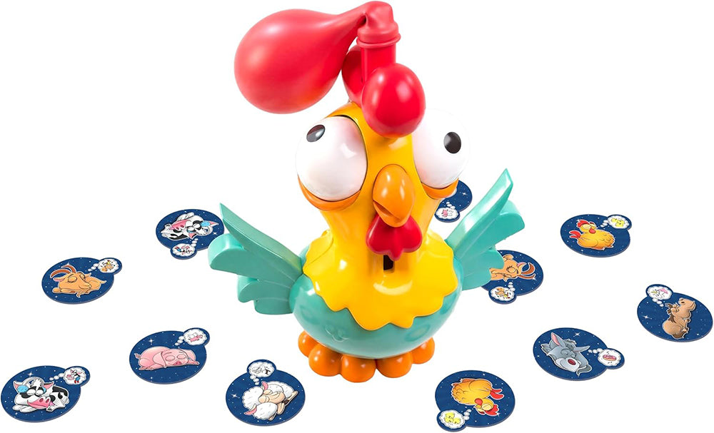 Contenu de Cock-A-Doodle : le coq, les jetons d'animaux et les ballons