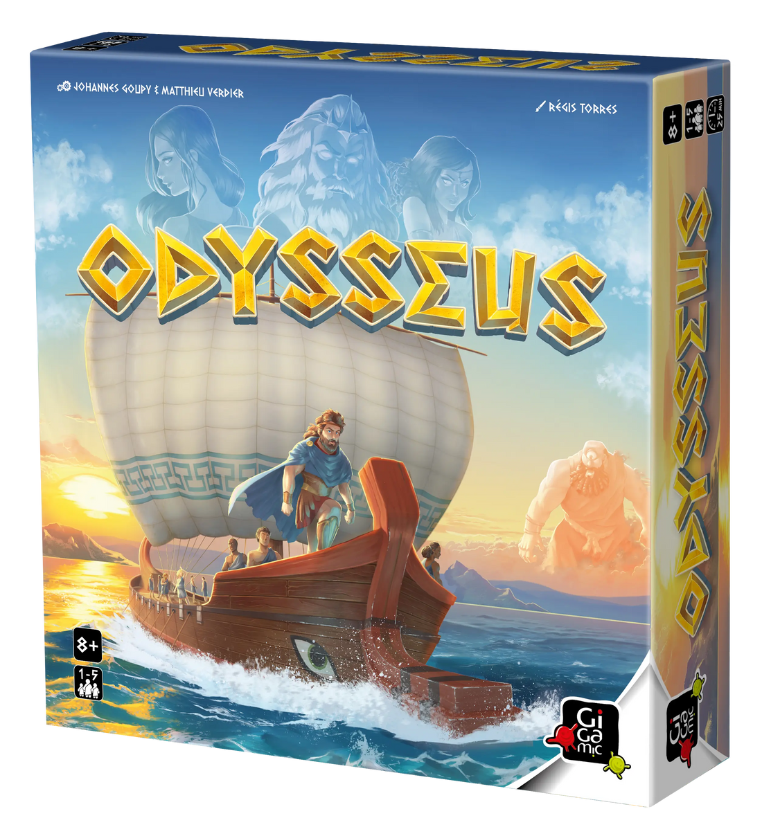 Boîte du jeu Odysseus de Gigamic, édition française : Ulysse à la proue de son navire, 1 à 5 joueurs, 8 ans et plus