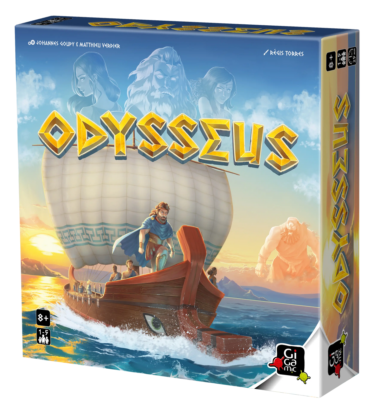 Boîte du jeu Odysseus de Gigamic, édition française : Ulysse à la proue de son navire, 1 à 5 joueurs, 8 ans et plus