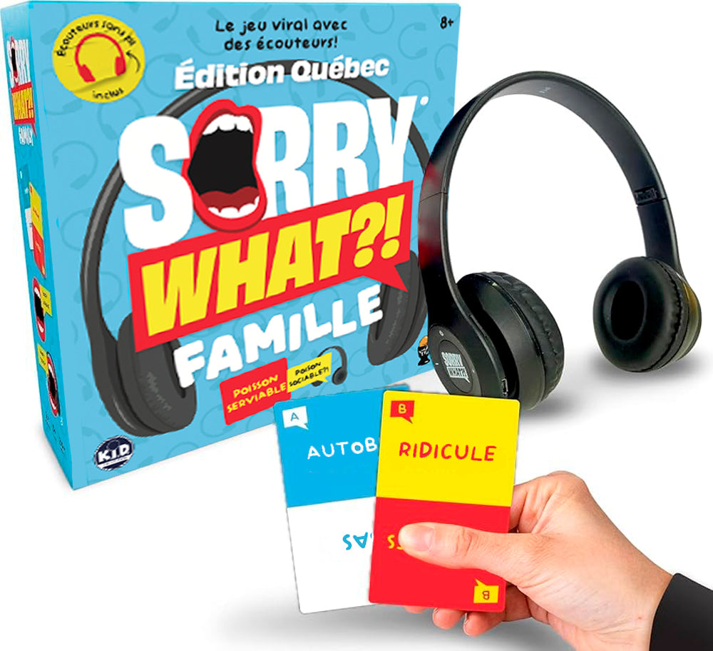 Sorry What?! Famille : la boîte, le casque sans fil et deux cartes de mots A et B