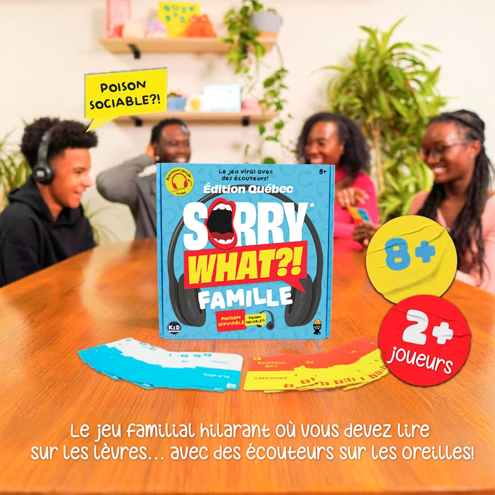 Une famille joue à Sorry What?! Famille, un joueur porte le casque