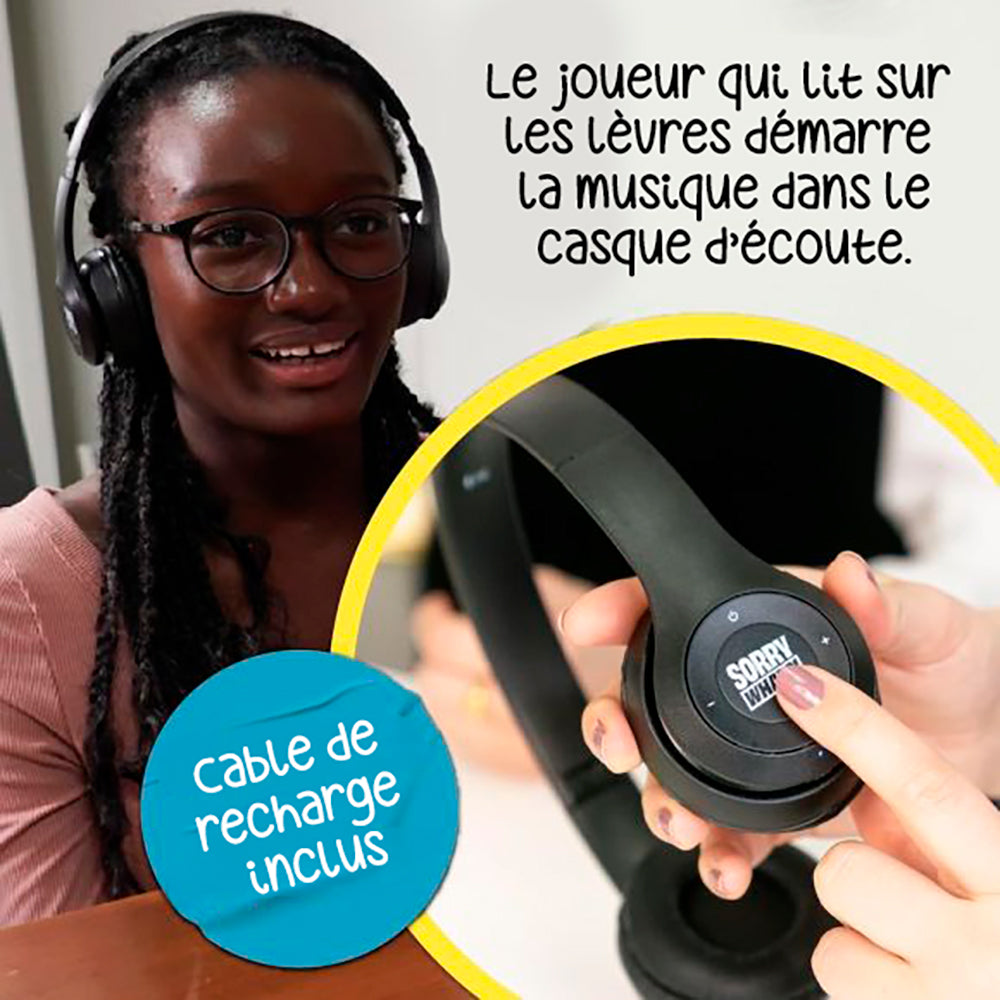 Gros plan du casque sans fil de Sorry What?! Famille, câble de recharge inclus