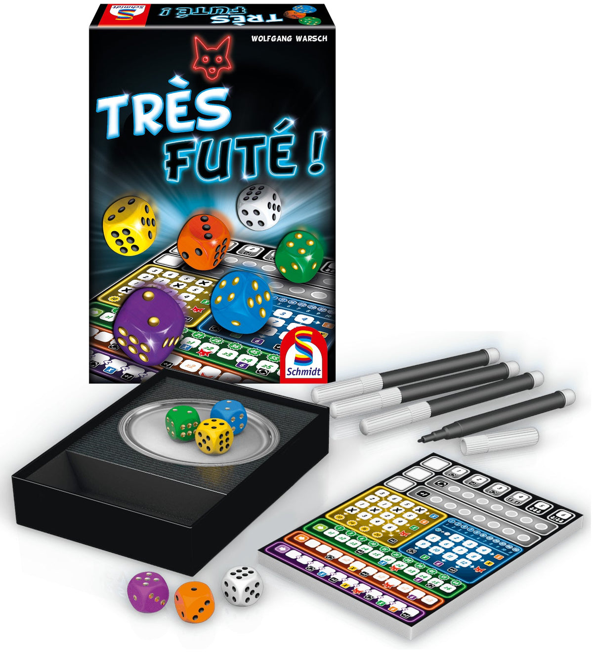 Contenu de Très Futé ! : boîte avec plateau d'argent dans le fond, six dés de couleur, quatre feutres et bloc de score
