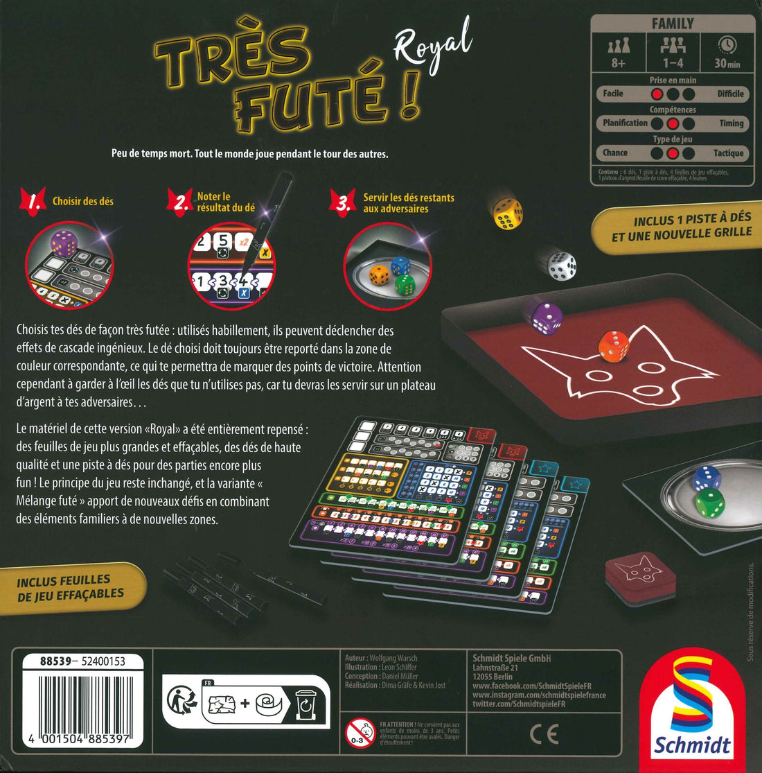 Dos de la boîte de Très Futé ! Royal en français : tour de jeu en trois étapes, contenu, 8 ans et plus, 1 à 4 joueurs