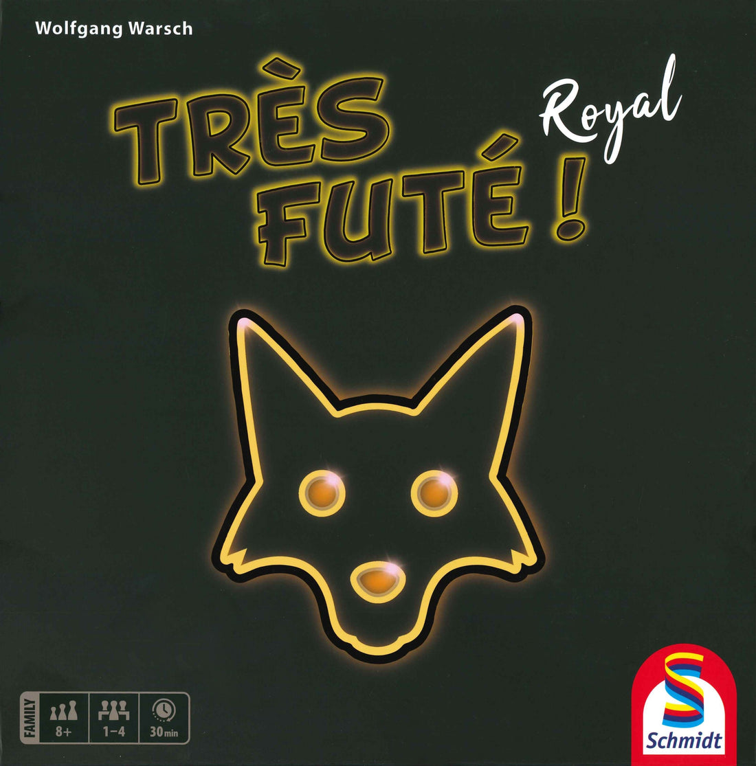 Boîte de Très Futé ! Royal de Wolfgang Warsch chez Schmidt, édition française, renard doré sur fond noir