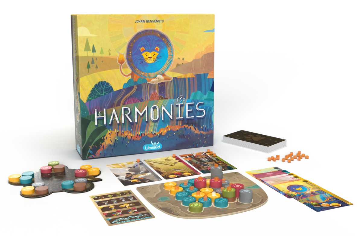 Boîte du jeu Harmonies de Libellud et son matériel : plateaux, jetons en bois colorés, cubes et cartes Animal