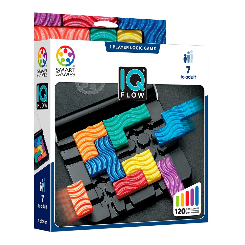 Boîte du casse-tête IQ Flow de SmartGames vue de trois quarts, avec des pièces ondulées colorées sur un plateau noir