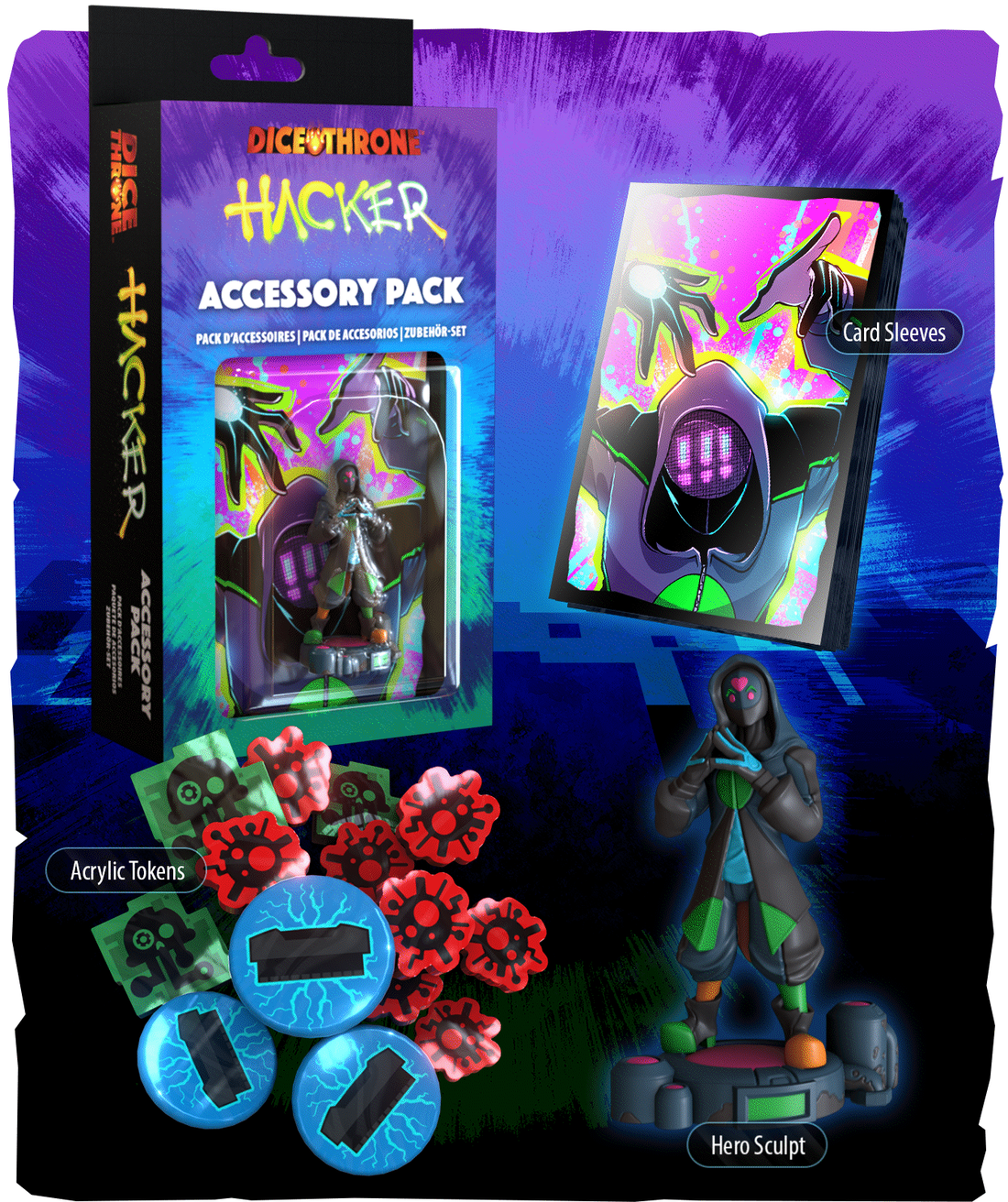 Accessory Pack Hacker de Dice Throne Nexus : boîte, figurine peinte du héros, protège-cartes et jetons en acrylique