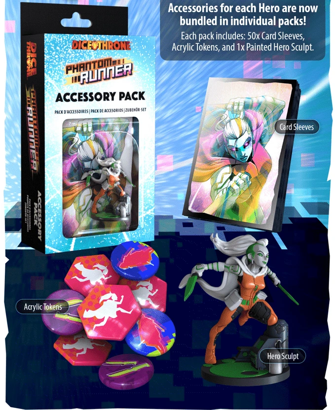 Accessory Pack Phantom Runner de Dice Throne Nexus : boîte, figurine peinte du héros, protège-cartes et jetons en acrylique