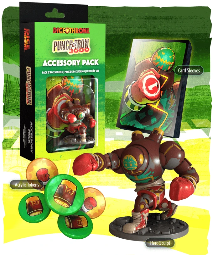 Accessory Pack Punch-A-Tron 3000 de Dice Throne Nexus : boîte, figurine peinte du héros, protège-cartes et jetons en acrylique