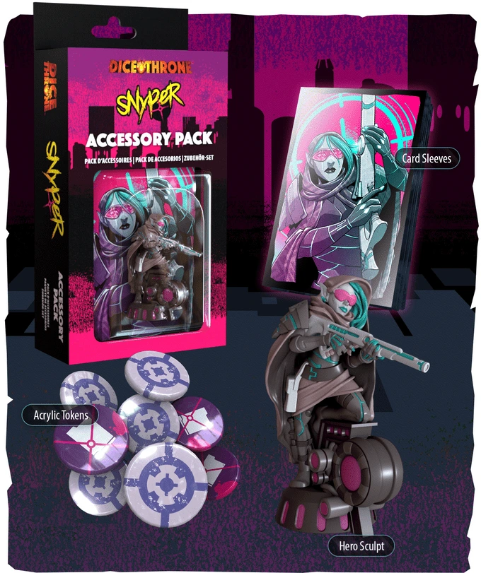 Accessory Pack Snyper de Dice Throne Nexus : boîte, figurine peinte du héros, protège-cartes et jetons en acrylique