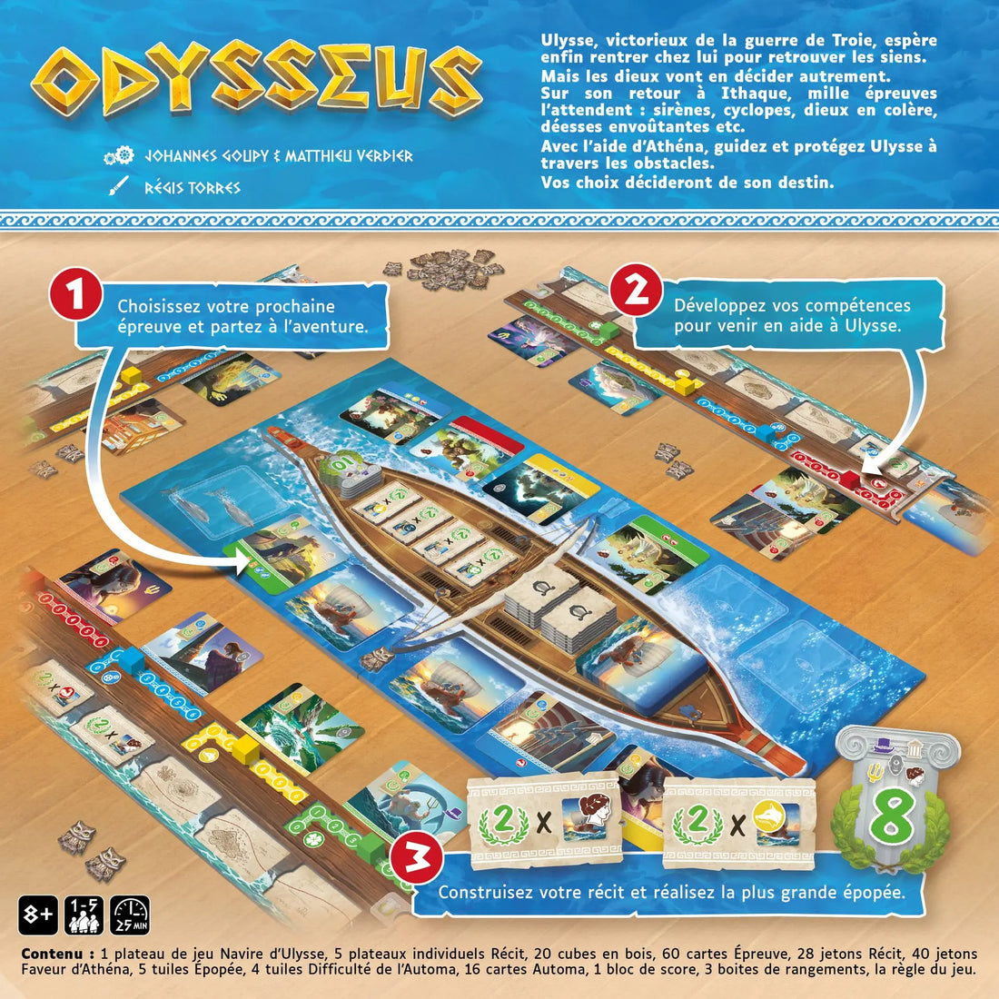 Dos de la boîte Odysseus en français : les 3 étapes du tour illustrées sur une partie en cours, avec le contenu