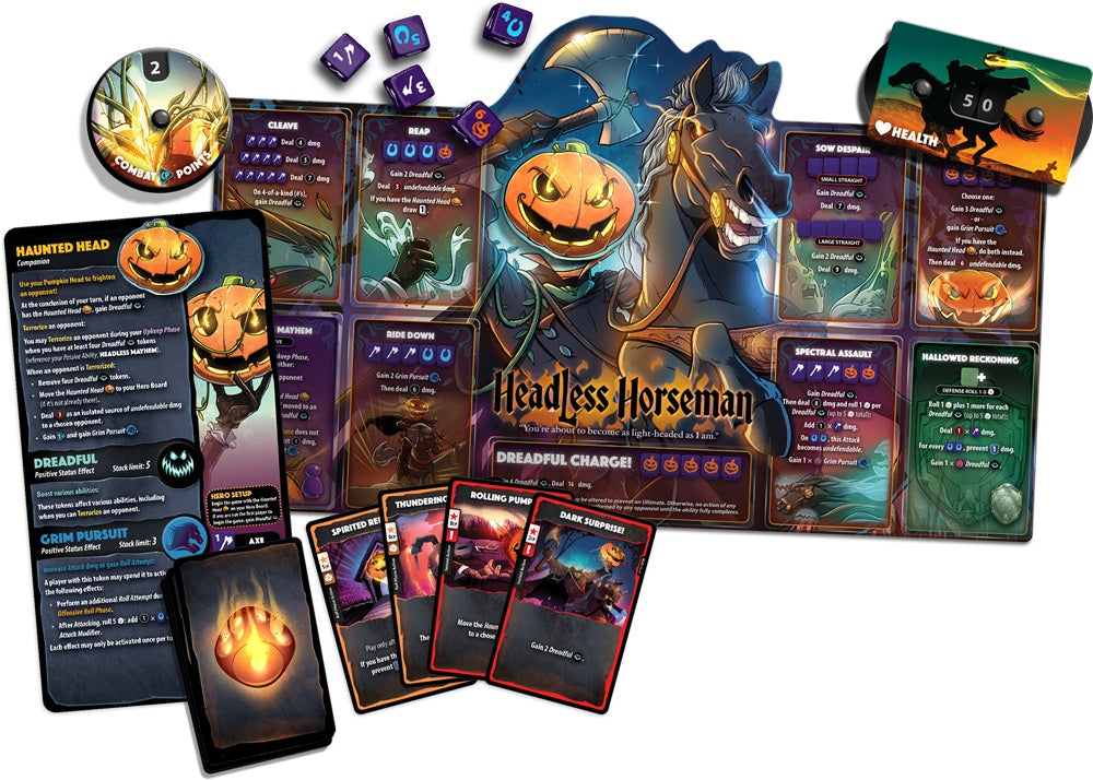 Verso de la boîte Dice Throne : Outcasts – Hero Pack Headless Horseman | Jeu de dés stratégique - règles et caractéristiques