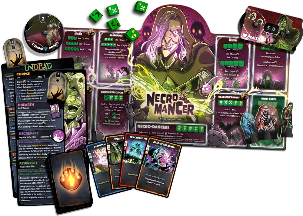 Verso de la boîte Dice Throne : Outcasts – Hero Pack Necromancer | Jeu de dés stratégique - règles et caractéristiques du jeu