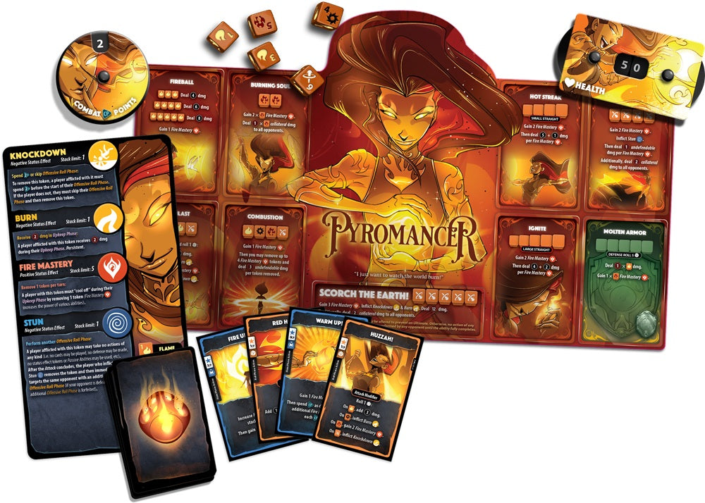 Verso de la boîte Dice Throne – Hero Pack Pyromancer | Jeu de dés stratégique Season 1 - règles et caractéristiques du jeu