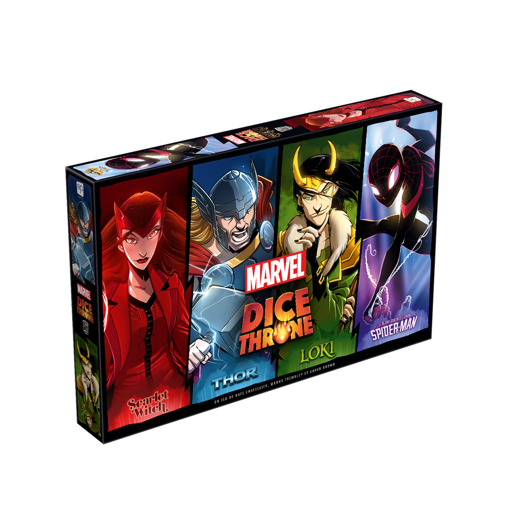 Boîte du jeu de société Marvel Dice Throne : Scarlet Witch vs Thor vs Loki vs Spider-Man - 1-4 joueurs, 30 min, 8 ans+