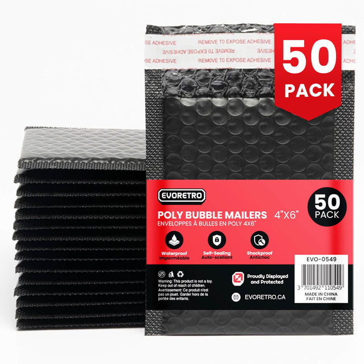 50x EVORETRO Poly Bubble Mailers  4x6" – Black Protective Shipping Envelopes